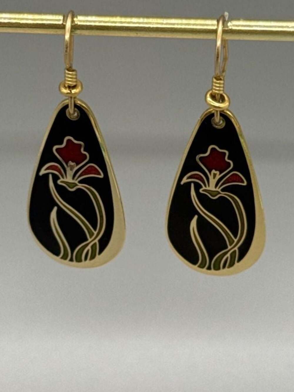 Laurel Burch Wild Iris Red Black Enamel Teardrop Dangle Drop Earrings Signed Vtg